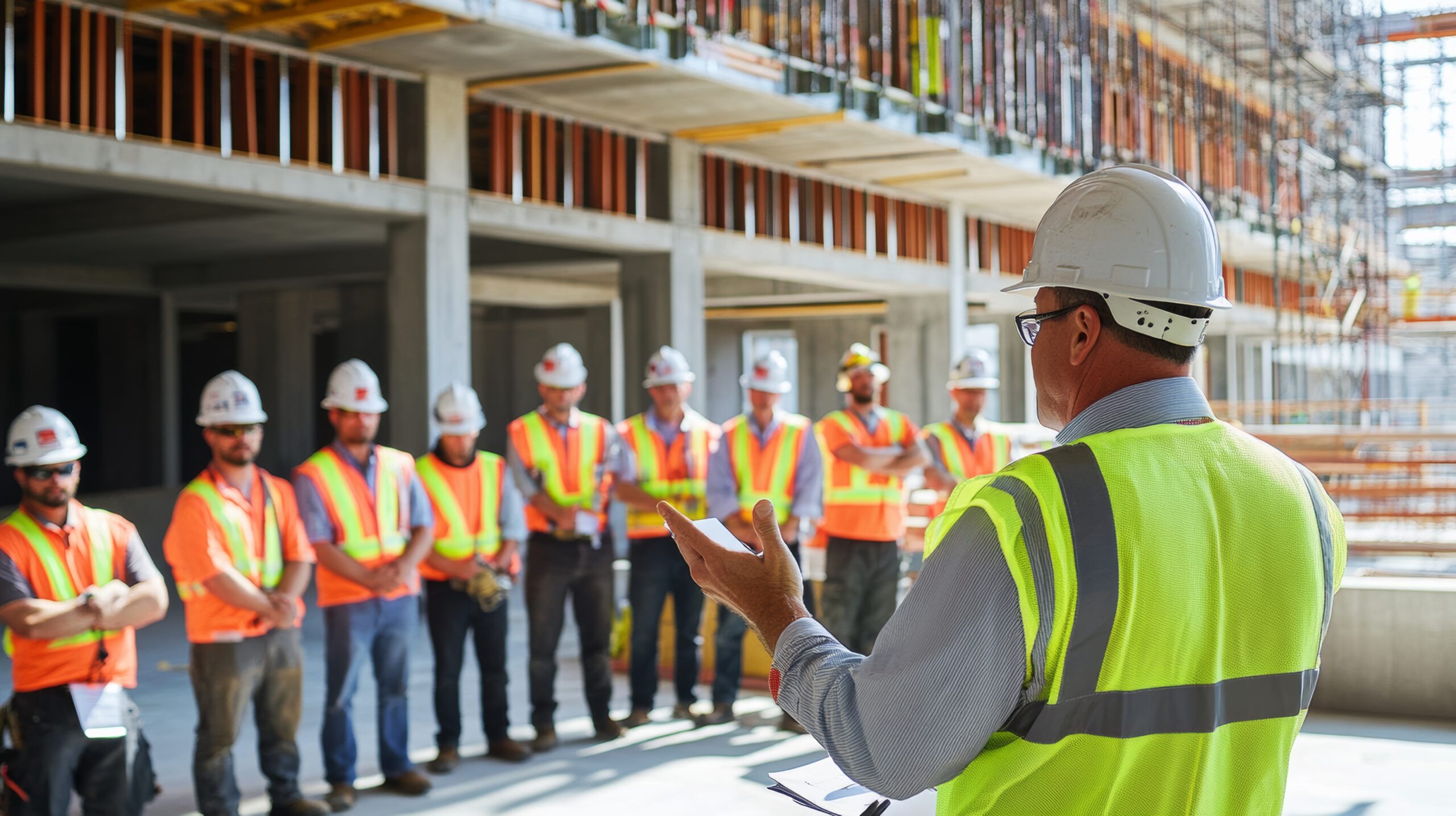Journeyman foreman leads a construction crew safety meeting on a commercial job site.