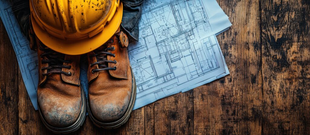 Worn work boots and yellow hard hat resting on blueprints on a wooden floor